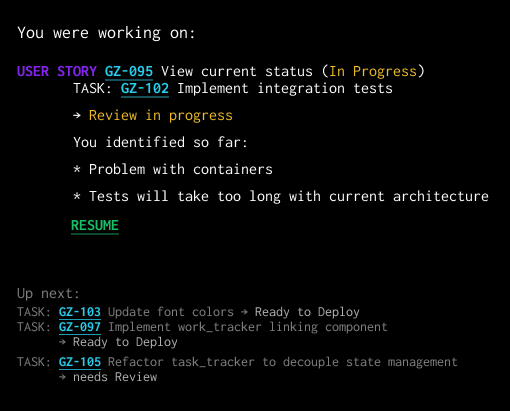 Screenshot of Gitzi showing current status summary.